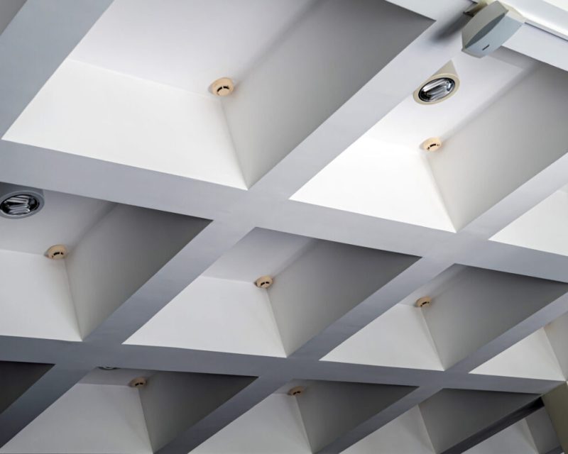 concrete structure ceiling, concrete with light and smoke detectors, fire protection system